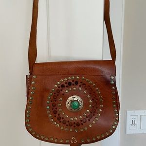 Leather crossbody studded bag with turquoise stone